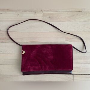 Burgundy Velvet & Leather Envelope Shoulder Bag